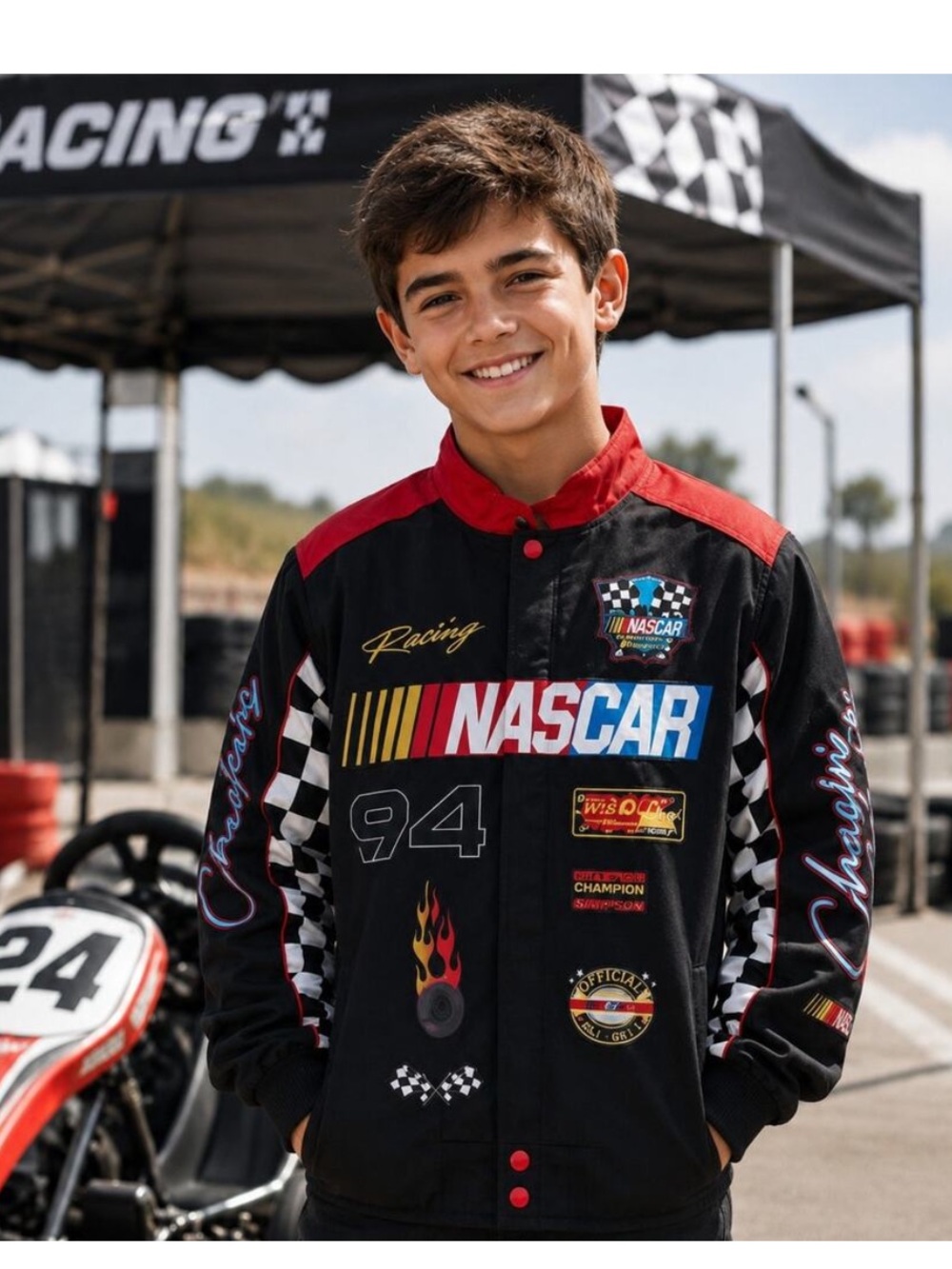 Bomber Nascar Black Jacket with Red and Yellow Racing Graphics boys size 8